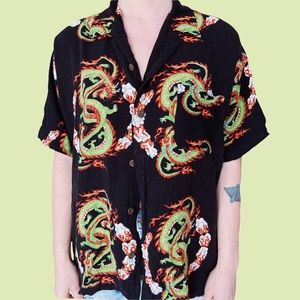 90’s Vintage Black & Green Fire Dragon Patterned Button Up Shirt